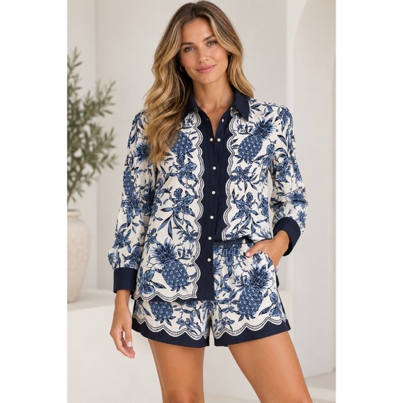 Free Assembly Pants - Free Assembly 2 Piece Set Womens M Blue Pineapple Blouse Shorts 100% Viscose